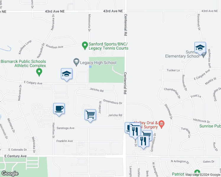 map of restaurants, bars, coffee shops, grocery stores, and more near 3208 Jericho Road in Bismarck