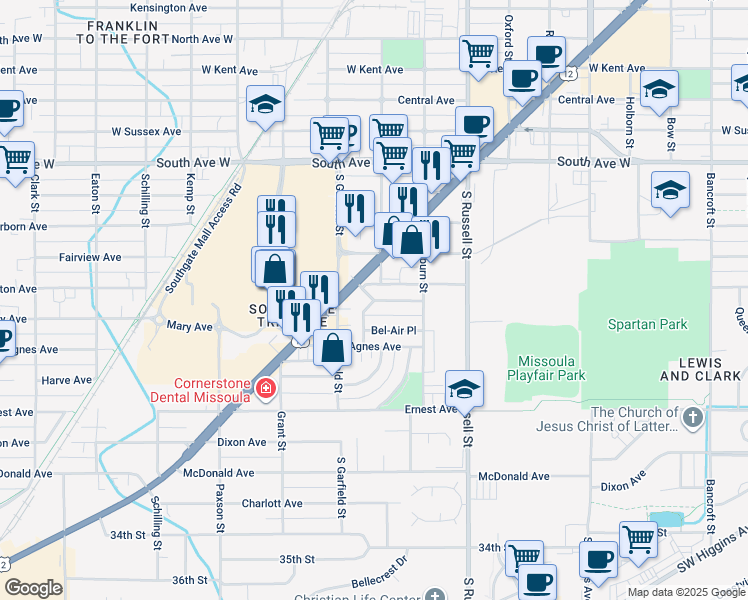 map of restaurants, bars, coffee shops, grocery stores, and more near 2799 Bel Vue Drive in Missoula