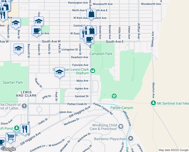 map of restaurants, bars, coffee shops, grocery stores, and more near in Missoula