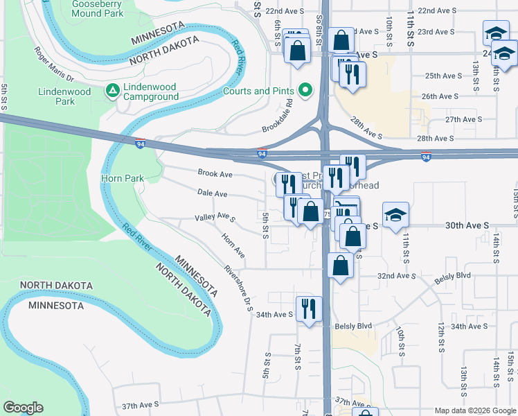 map of restaurants, bars, coffee shops, grocery stores, and more near 429 Dale Avenue in Moorhead