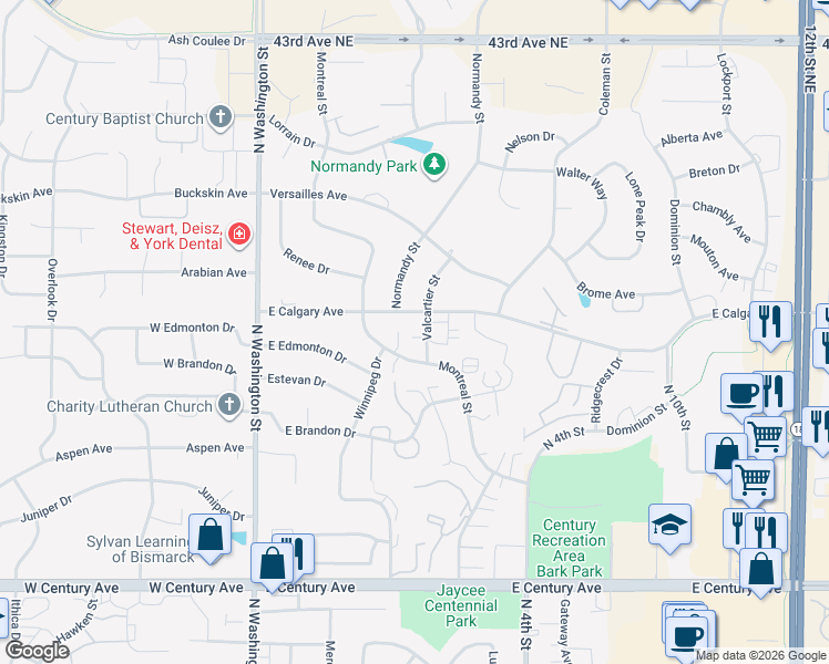 map of restaurants, bars, coffee shops, grocery stores, and more near 3620 Valcartier Street in Bismarck