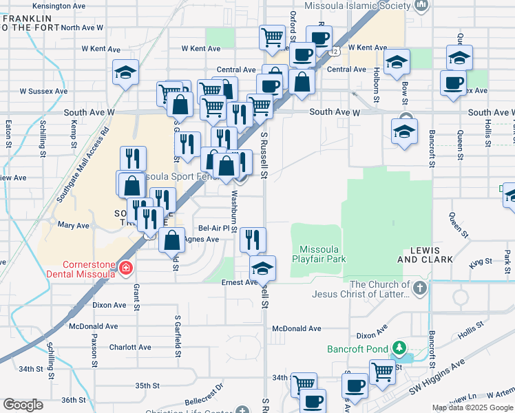 map of restaurants, bars, coffee shops, grocery stores, and more near 2801 South Russell Street in Missoula