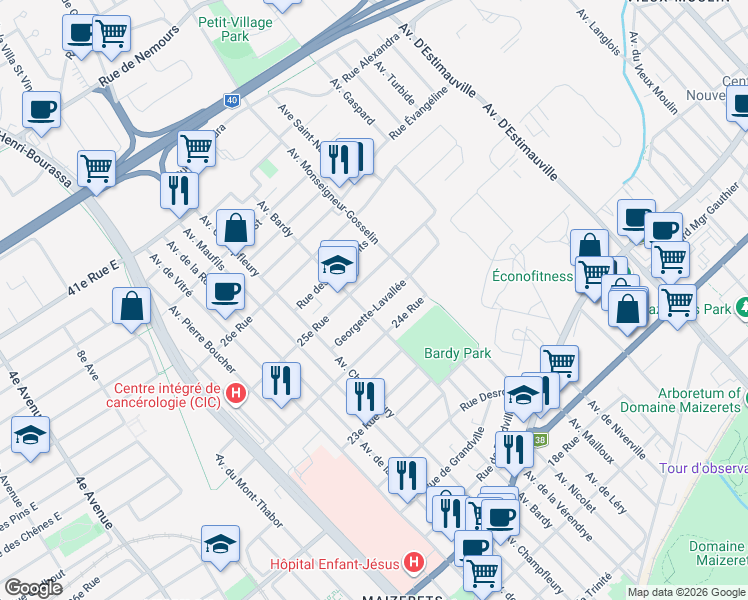 map of restaurants, bars, coffee shops, grocery stores, and more near 2025 Georgette-Lavallée in Québec