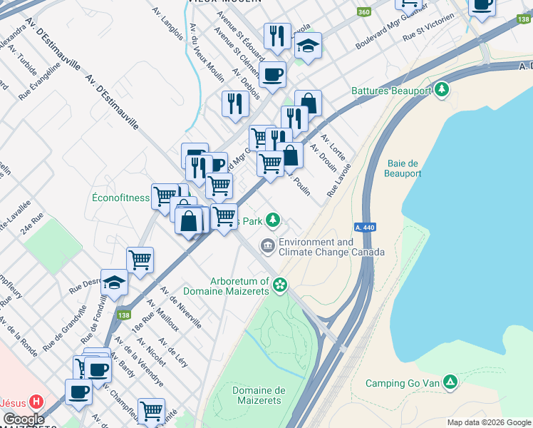 map of restaurants, bars, coffee shops, grocery stores, and more near 1221 Rue des Moqueurs in Québec