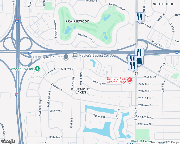 map of restaurants, bars, coffee shops, grocery stores, and more near 3104 23rd Avenue South in Fargo