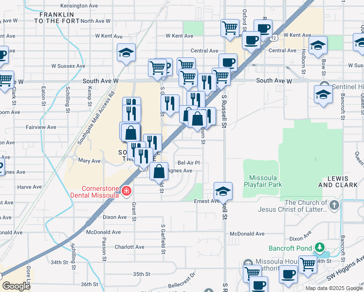 map of restaurants, bars, coffee shops, grocery stores, and more near 1630 Bel Vue Drive in Missoula