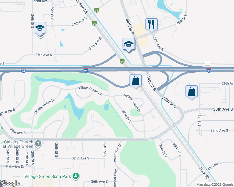 map of restaurants, bars, coffee shops, grocery stores, and more near 3422 Village Green Drive in Moorhead