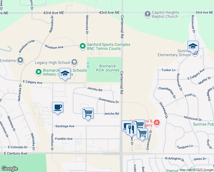 map of restaurants, bars, coffee shops, grocery stores, and more near 3216 Jericho Road in Bismarck