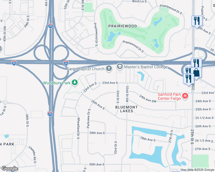 map of restaurants, bars, coffee shops, grocery stores, and more near 3318 23rd Avenue South in Fargo