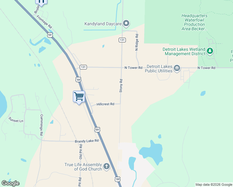 map of restaurants, bars, coffee shops, grocery stores, and more near 18870 Stony Road in Detroit Lakes
