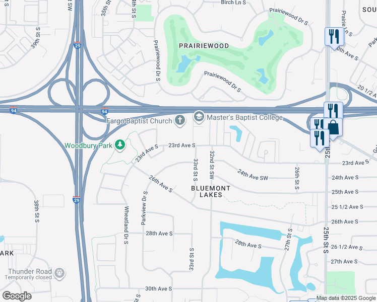 map of restaurants, bars, coffee shops, grocery stores, and more near 3306 23rd Avenue South in Fargo