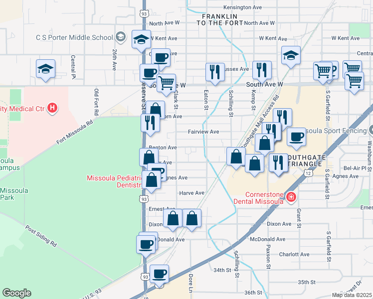 map of restaurants, bars, coffee shops, grocery stores, and more near 2335 Benton Avenue in Missoula