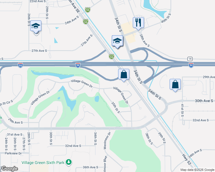 map of restaurants, bars, coffee shops, grocery stores, and more near 3422 Village Green Drive in Moorhead