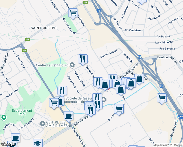 map of restaurants, bars, coffee shops, grocery stores, and more near Rue du Griffon in Quebec