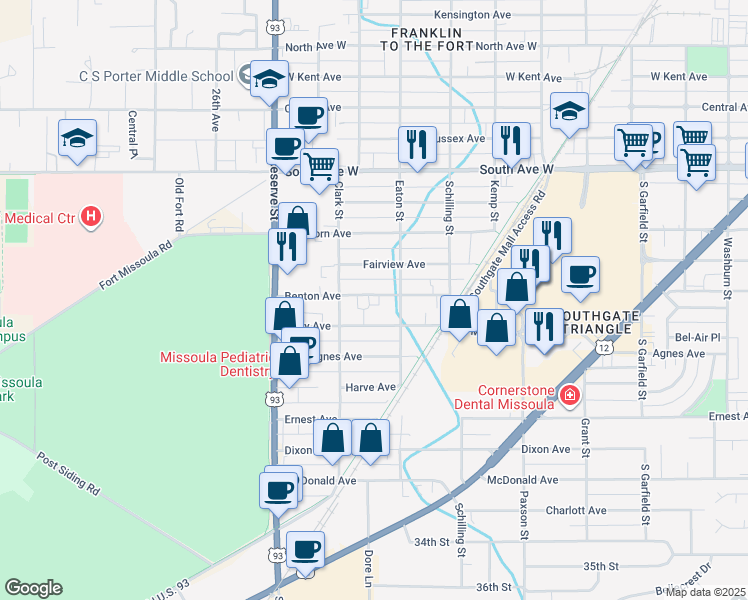 map of restaurants, bars, coffee shops, grocery stores, and more near 2335 Benton Avenue in Missoula