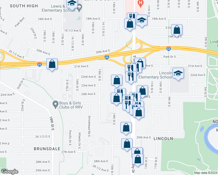 map of restaurants, bars, coffee shops, grocery stores, and more near 2310 15th Street South in Fargo