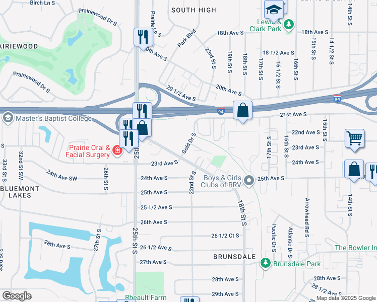 map of restaurants, bars, coffee shops, grocery stores, and more near 1711 Gold Drive in Fargo