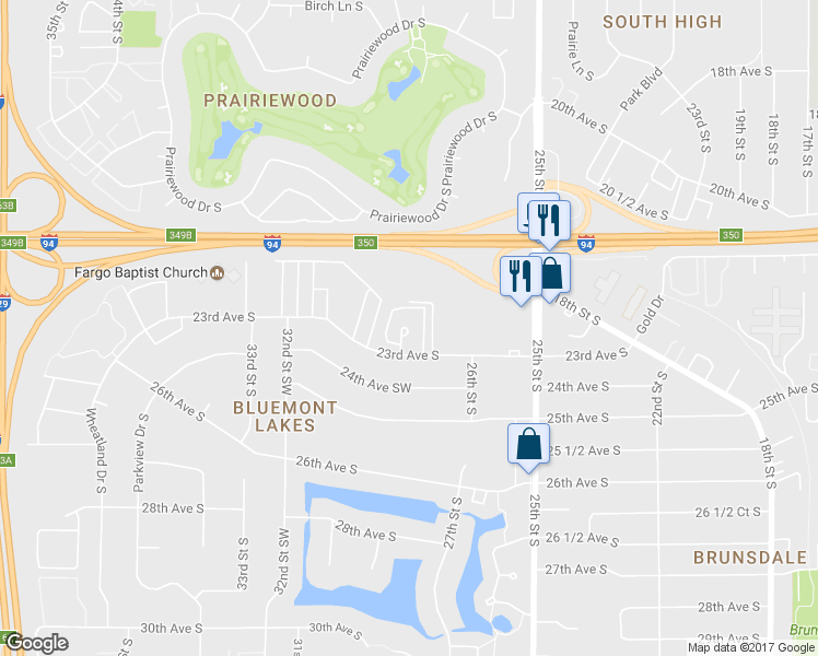 map of restaurants, bars, coffee shops, grocery stores, and more near 2801 23rd Avenue South in Fargo