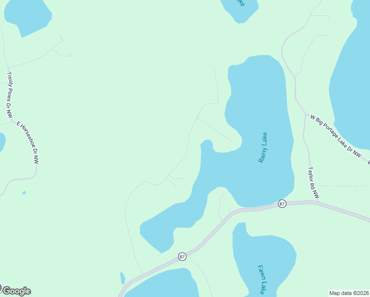 map of restaurants, bars, coffee shops, grocery stores, and more near 1076 Rainy Lake Road Northwest in Backus
