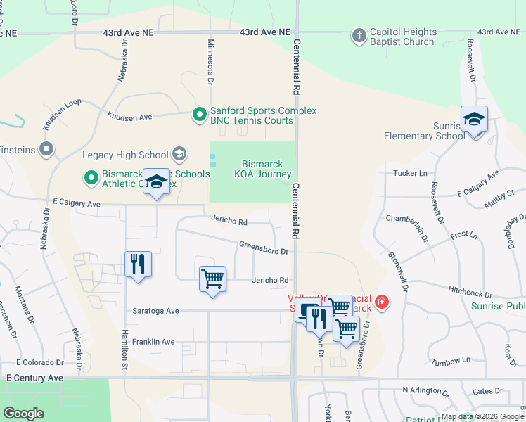 map of restaurants, bars, coffee shops, grocery stores, and more near 4009 East Calgary Avenue in Bismarck