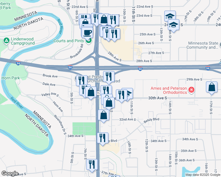 map of restaurants, bars, coffee shops, grocery stores, and more near 822 30th Avenue South in Moorhead