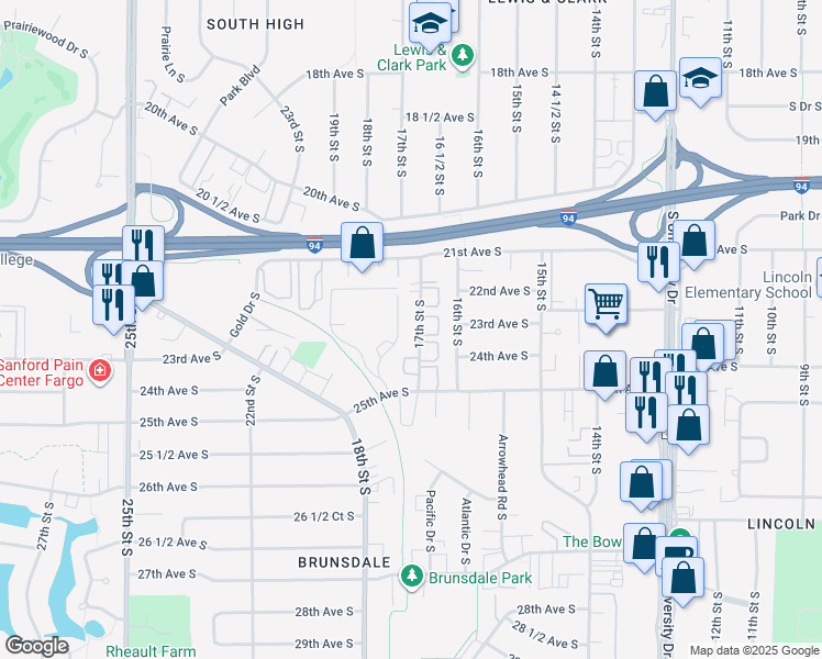 map of restaurants, bars, coffee shops, grocery stores, and more near 2301 17th Street South in Fargo