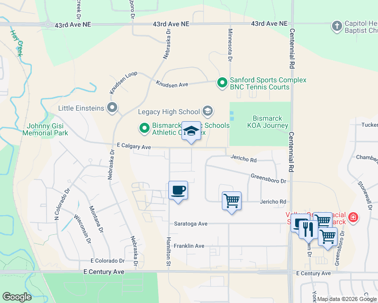 map of restaurants, bars, coffee shops, grocery stores, and more near 3311 East Calgary Avenue in Bismarck