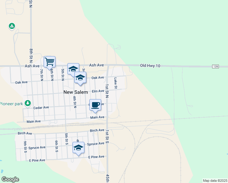 map of restaurants, bars, coffee shops, grocery stores, and more near 111 East Elm Avenue in New Salem
