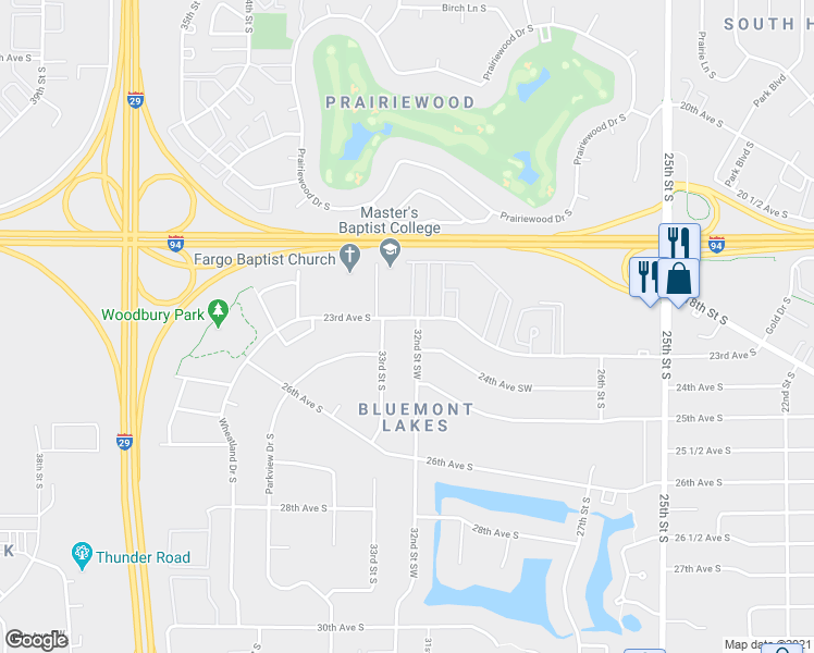 map of restaurants, bars, coffee shops, grocery stores, and more near 2303 32nd Street Southwest in Fargo
