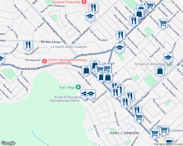 map of restaurants, bars, coffee shops, grocery stores, and more near 11055 Boulevard de l'Ormière in Québec