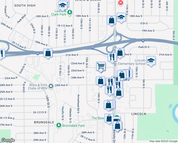 map of restaurants, bars, coffee shops, grocery stores, and more near 2310 15th Street South in Fargo