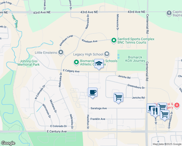 map of restaurants, bars, coffee shops, grocery stores, and more near 3311 East Calgary Avenue in Bismarck