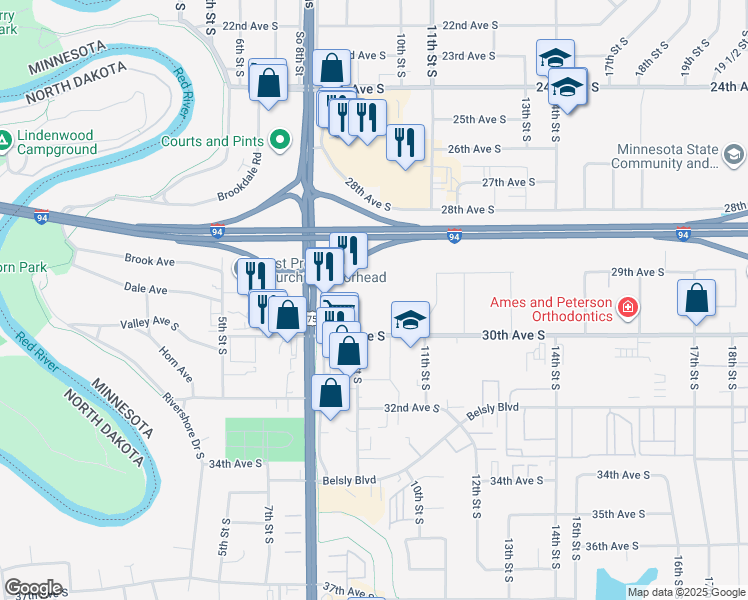 map of restaurants, bars, coffee shops, grocery stores, and more near 822 30th Avenue South in Moorhead