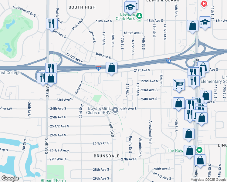 map of restaurants, bars, coffee shops, grocery stores, and more near 1709 25th Avenue South in Fargo
