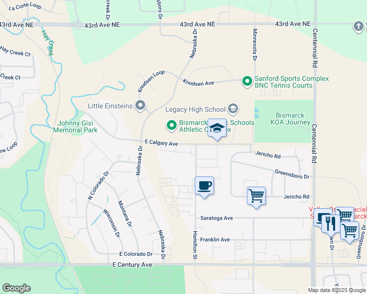 map of restaurants, bars, coffee shops, grocery stores, and more near 3205 East Calgary Avenue in Bismarck