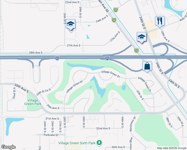 map of restaurants, bars, coffee shops, grocery stores, and more near 3017 Village Green Drive in Moorhead