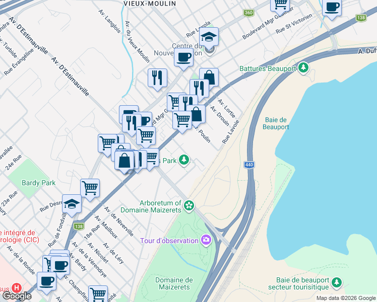 map of restaurants, bars, coffee shops, grocery stores, and more near 1200 Rue des Moqueurs in Québec