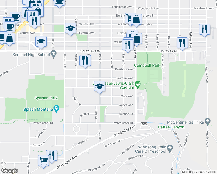 map of restaurants, bars, coffee shops, grocery stores, and more near Benton Avenue in Missoula