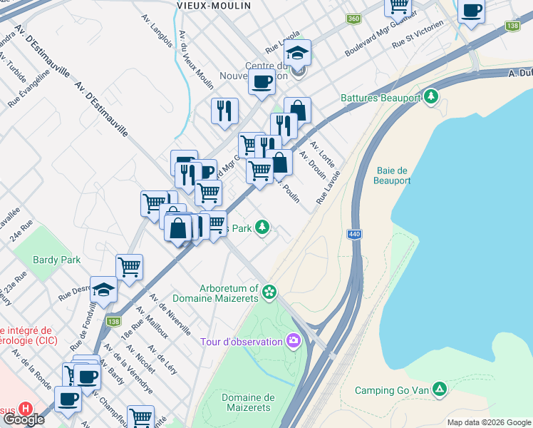 map of restaurants, bars, coffee shops, grocery stores, and more near 1200 Rue des Moqueurs in Québec
