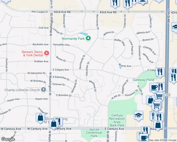 map of restaurants, bars, coffee shops, grocery stores, and more near 3645 Valcartier Street in Bismarck