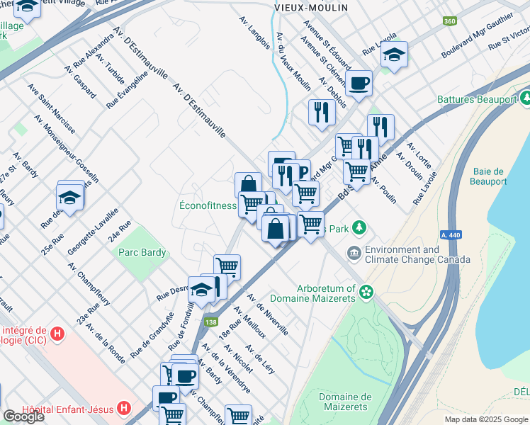 map of restaurants, bars, coffee shops, grocery stores, and more near in Quebec City