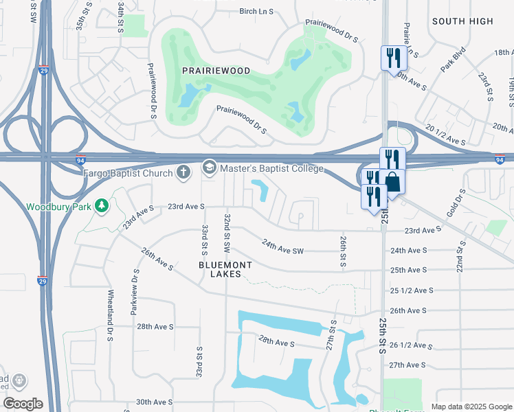 map of restaurants, bars, coffee shops, grocery stores, and more near 3104 23rd Avenue South in Fargo