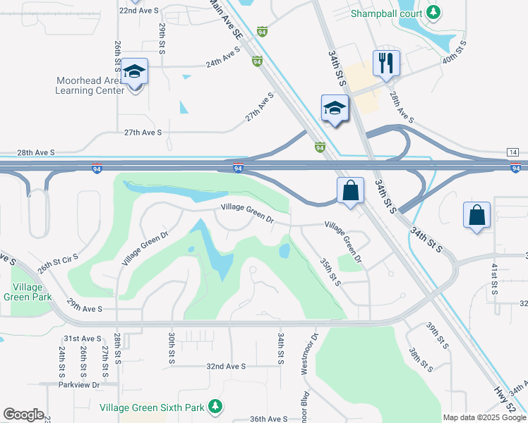 map of restaurants, bars, coffee shops, grocery stores, and more near 3305 Village Green Drive in Moorhead