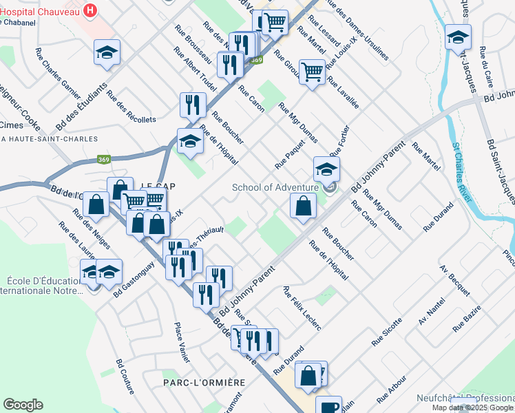 map of restaurants, bars, coffee shops, grocery stores, and more near 10321 Rue de la Quiétude in Québec