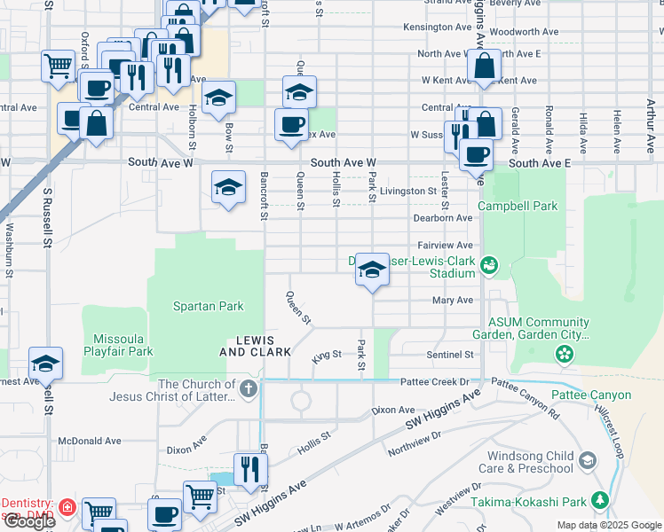 map of restaurants, bars, coffee shops, grocery stores, and more near 500 Benton Avenue in Missoula
