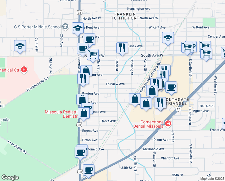 map of restaurants, bars, coffee shops, grocery stores, and more near 2311 Benton Avenue in Missoula