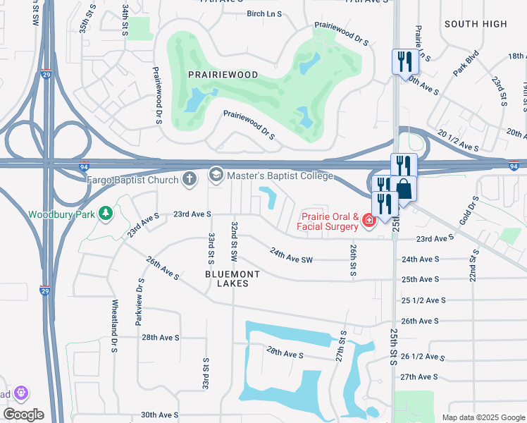 map of restaurants, bars, coffee shops, grocery stores, and more near 3104 23rd Avenue South in Fargo