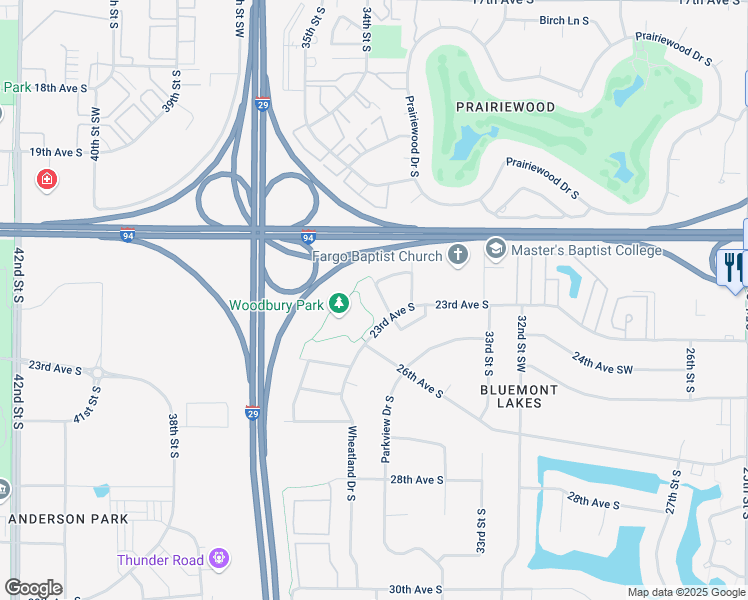map of restaurants, bars, coffee shops, grocery stores, and more near 3577 Woodbury Court South in Fargo