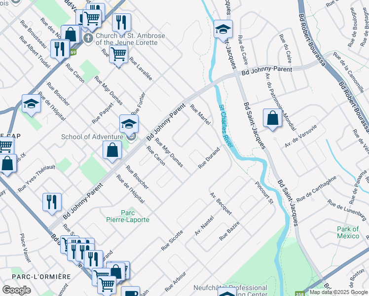 map of restaurants, bars, coffee shops, grocery stores, and more near 53 Rue Aimé Lantier in Québec