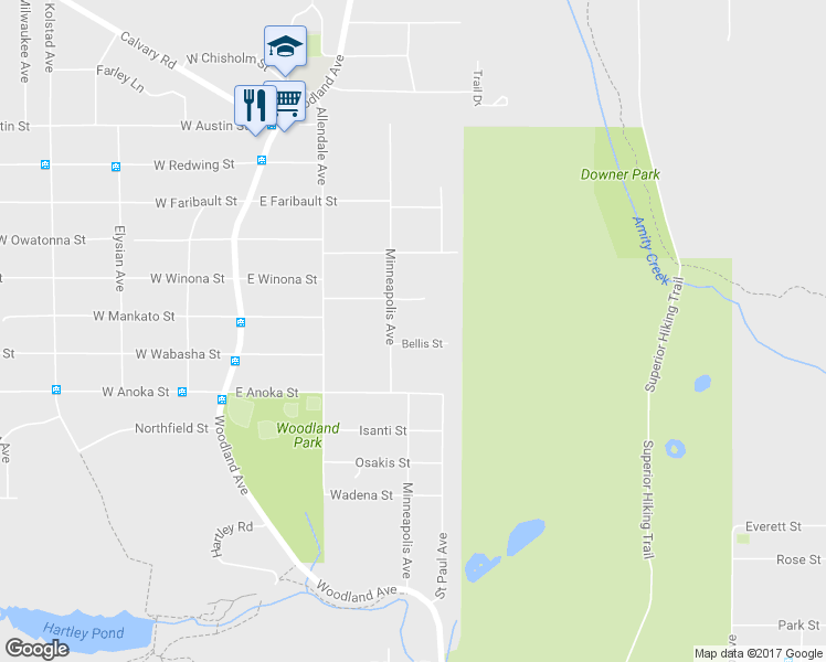 map of restaurants, bars, coffee shops, grocery stores, and more near 315 Bellis Street in Duluth